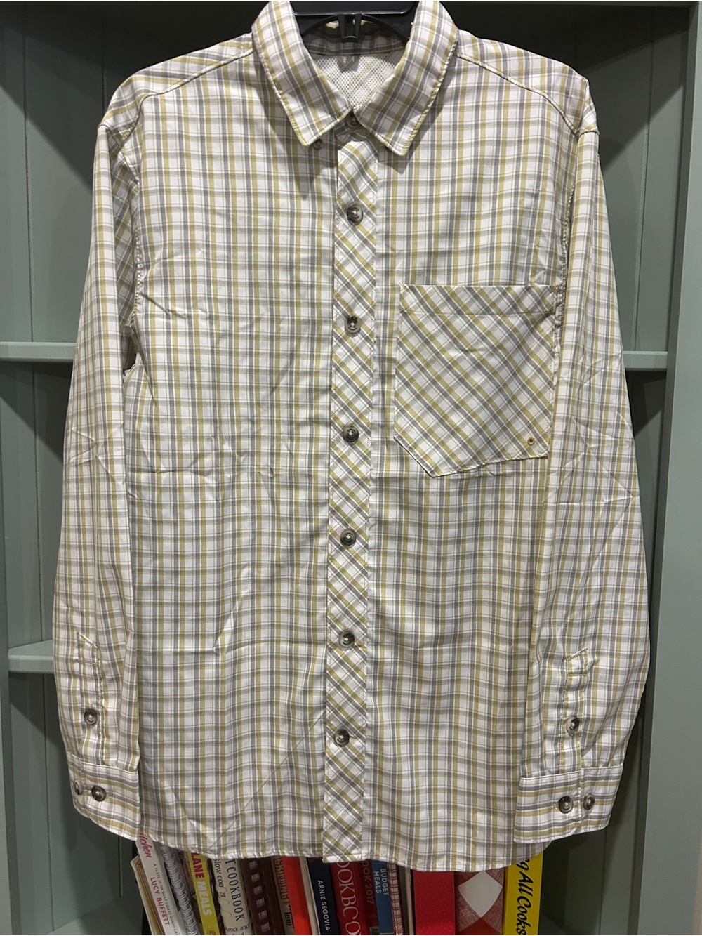 Duluth Trading Co Light Green and White Plaid Button-Up Shirt